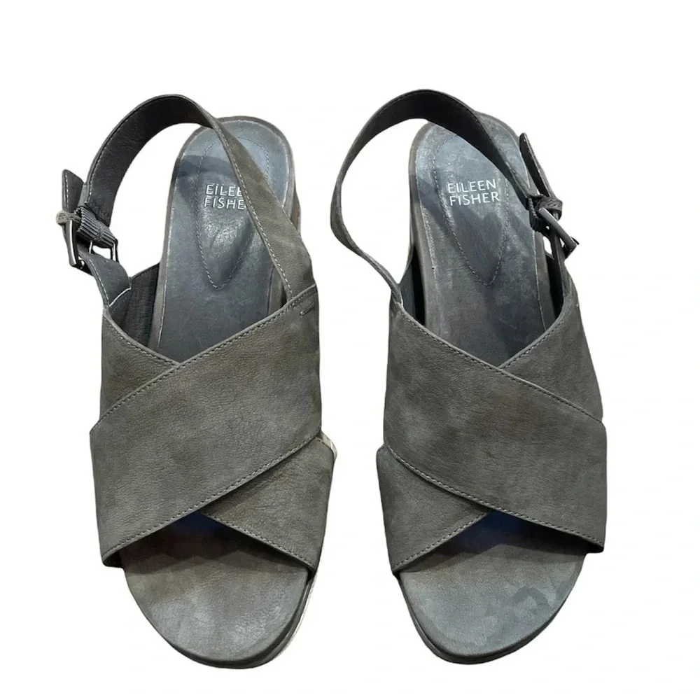 Eileen Fisher “Good” Leather Wedge Platform Sandal 8.5 Crisscross Graphite